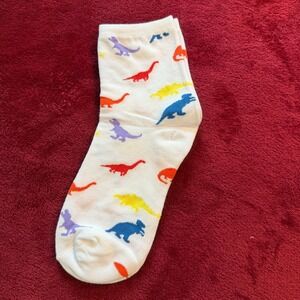 Unbranded White Dinosaur Print Crew Socks Cotton Blend Multi Color Dino Pattern